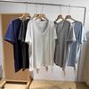 Verano Nuevo Estilo ~ Color Bonito Azul Neblina Color Puro Look Adelgazante Cuello en V Grande Suelta Versión Grande Borde Deshilachado Camiseta de Manga Corta