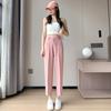 Pantalones de traje rosa de seda helada para mujer, Verano 2026, Pantalones cropped rectos holgados de cintura alta adelgazantes para figuras petite, Pantalones cigarette casuales