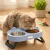 Tigela dupla dobrável para animais de estimação transfronteiriça, tigela dupla de aço inoxidável para gatos e cães, tigela elevada para gatos com proteção para o pescoço, tigela anti-engasgo para alimentação lenta