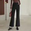Calça boca de sino simples e estilosa para mulheres, nova moda feminina outono 2026, cintura alta, modeladora, com fendas, calça cropped boca de sino casual, moderna