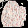Pijama Lindo Estilo Japonés para Mujer para Primavera y Otoño, Nuevo Conjunto de Manga Larga y Pantalón Largo Estilo Suave para el Hogar, Conjunto de Algodón Sintético, Fotos Reales, Venta al por Mayor
