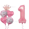 Conjunto de Balões Coração Coroa Digital em Pó Perolado Decoração de Cena para Festa de Primeiro Aniversário de Bebê