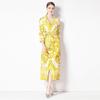Moda Europeia e Americana 2024 Amarelo Elegante Cerâmica Esmaltada Estampada Versão Solta Calça com Bolso de Aba Camisa de Manga Média com Gola de Terno Saia Longa