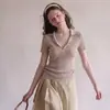 Estilo Old Money Decote V Slim Fit Manga Curta Conjunto de Verão Feminino Gola Polo Ombro Reto Malha de Seda Gelada Top 8406