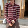 Cárdigan de Punto con Cuello Polo a Rayas Estilo Preppy Coreano para Mujer Otoño e Invierno 2025 Nuevo Estilo con Tops de Gama Alta