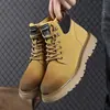 Botas Amarelas Grandes Masculinas Outono Inverno Biqueira Larga Botas de Motocicleta Martin Botas de Solado Grosso Masculinas Solado Grosso Acolchoado Espesso Cano Alto Sapatos de Algodão