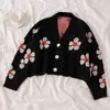Nuevo Suéter Cardigan con Estampado de Primavera y Otoño para Mujer, Estilo Coreano Estilo Universitario Floral Holgado Cuello en V Corto Abrigo de Punto Holgado