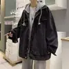 Chaqueta de Mezclilla para Hombre Otoño e Invierno Falsa de Dos Piezas Casual Estudiante Marca de Moda Atractivo con Capucha Holgada Ropa de Mezclilla