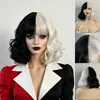 Amazon Peluca Cruella Cos de Bruja Blanca y Negra Peluca Corta Rizada Completa Europea y Americana Fábrica de Exportación Transfronteriza Stock Listo