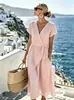 Vestido cruzado de color liso con cuello en V para mujer, estilo europeo y americano, estilo vacacional con cintura de amarre y falda fluida de longitud media