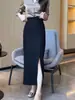 Traje de Moda Elegante de Gama Alta Camisa de Satén con Cuello en V Manga Larga para Mujer Falda Larga con Abertura de Cintura Alta Conjunto de Dos Piezas