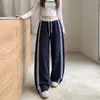 Calça retrô de perna larga com pernas curvas para mulheres, novo estilo outono, color block, cintura alta, modelagem solta, casual, afina a silhueta, calça de perna larga com listras laterais de nicho
