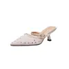 Sandalias Sexys de Malla Transpirable con Puntera Puntiaguda, Tacón Fino de 6 cm y Espalda Descubierta, Adornadas con Pedrería, Versátiles para Mujer en Verano