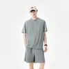 Conjunto de Verão Casual Estilo Americano com Meio Zíper, Manga Curta e Shorts, Cor Sólida, Soltinho, Moda Versátil e Tendência