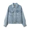 Fotos reales de chaqueta vaquera corta en stock para mujer, top azul vaquero holgado de otoño, prenda de abrigo