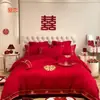 Conjunto de quatro peças para casamento, 100% algodão, vermelho vivo, para camas de noivos, incluindo lençóis e fronhas de edredom, alta qualidade, algodão puro, perfeito para o quarto de recém-casados
