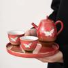 Esmalte Rojo Piedra Tetera Pequeña Ruihe Rojo Prohibido Cerámica Roja Horno de Cerámica Agujero de Bola Giratorio Un Tetera Dos Tazas Juego de Té de Regalo Caja de Regalo