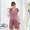 Traje de dos piezas para mujer, verano 2023, nuevo, modal, talla grande, cuello en V, fino, para casa, ropa exterior, casual, color liso
