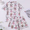 Comércio Exterior Transfronteiriço Camiseta de Manga Curta Shorts Cardigan Pijama Feminino de Verão Respirável Vestuário para Casa Conjunto Pijama Europeu e Americano