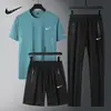 Traje Deportivo Casual de Seda de Hielo para Hombre, Nuevo Estilo de Verano, Camiseta Fina de Manga Corta, Pantalones Cortos, Conjunto de Tres Piezas de Secado Rápido para Correr