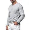 Camiseta retro elástica fina de algodón sintético suelta casual para hombre con bolsillo y manga larga estilo europeo y americano
