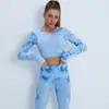 Roupas de Yoga Europeias e Americanas Transfronteiriças para Mulheres no Outono Ins Sem Costura Tie-Dye Conjunto Esportivo Fitness Tops de Manga Longa Conjunto de Duas Peças