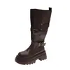 Fivela de Cinto Retrô Versátil Botas de Motociclista Design de Moda Outono Feminino Tamanho Pequeno Botas de Couro Sola Grossa Aumento de Altura Botas de Cavaleiro