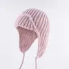 Chapéu de Lã Quente Novo para Outono e Inverno para Mulheres com Circunferência de Cabeça Grande, Chapéu de Voo com Proteção para as Orelhas, Solto e que Mostra o Rosto, Chapéu de Tricô Versátil