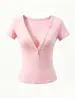 Top Atractivo y Puro de Chica Caliente con Cuello en V Profundo, Botones, Adelgazante, Ceñidor de Cintura, Manga Corta, Nueva Camiseta Corta de Verano para Yoga, Fitness, Running