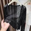 Nuevo Cardigan de Verano 2025 para Mujer Rojo de Seda de Hielo Tejido con Cortes para Protección Solar con Elegante Chal Delgado Blusa