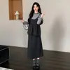 Conjunto de Maternidad Otoño/Invierno Estilo Nuevo Cuello de Encaje Top de Lunares Vestido de Lana Conjunto de Dos Piezas Cubre Vientre Adelgazante Vestido Largo
