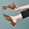 Medias Pantuflas de Piel Suave con Punta de Dedo para Mujer 2026 Verano Nuevo Punta Cuadrada Tacón Grueso Retro Tacón Alto Sandalias Mula para Exterior