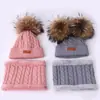 Gorro de lana para niños de pelo real de mapache, gorro con dos pompónes, conjunto de bufanda de dos piezas, gorro de punto nuevo, juego de cuello acolchado con terciopelo