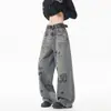 Jeans rectos desgastados lavados estilo americano para mujer, nueva marca de moda primavera y otoño, pantalones anchos casuales holgados con graffiti