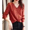 Top de Encaje Primavera y Otoño 2025 Nuevo Cuello en V Retro Elegante Elegante Camisa de Manga Larga Roja China para Mujer