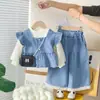 Conjunto de Primavera y Otoño para Niñas 2026 Nuevo Ropa de Otoño para Niños Niña Elegante Conjunto de Tres Piezas de Mezclilla con Tres Botones Bebé