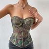 Estación independiente europea y americana, ropa exterior sin tirantes, estampado abstracto verde, aro de acero, corsé de espiga, chaleco sexy sin tirantes y sin espalda