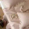 Sencillo Estilo Coreano Francés Años 60 100% Algodón Encaje Lavado a la Arena Colcha Juego de Tres Piezas Funda de Almohada Colcha Acolchada Cama Individual Sábana de Cama