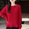 Nueva camisa base de punto para mujer de lana 100% pura con cuello de una línea, estilo único de moda, suéter de punto de manga larga