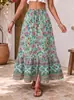 Falda larga estampada de rayón de cintura alta con abertura, falda para vacaciones en la playa, falda acampanada estilo bohemio para mujer