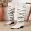 Botas western retro estilo europeo y americano, de ante esmerilado plisado, hasta la rodilla, con punta fina, tacón bajo grueso de 4 cm y hebilla de cinturón, botas largas para mujer