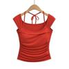 Verão 2024 Novo Sexy Spice Girl Gola Alta Justa Plissada Manga Curta Camiseta Feminina Emagrecedora Ombro Cadarço Top
