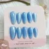 Adesivos de Unha Azul Oceano Novos Personalizados, 10 Peças, Manicure Codificada em Formato de Amêndoa, Unhas Postiças Cat-Eye Feitas à Mão
