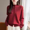 Novo suéter feminino, blusa de manga comprida, casaco feminino, cardigã de tricô solto com decote semi-alto vazado, outono e inverno, estilo feminino, rosa lótus