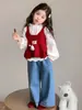 2025 Outono Novo Roupas Infantis para Meninas Roupa de Bebê Menina Suéter Colete Fofo Camisa de Boneca Jeans Conjunto de Três Peças Roupas para Meninas