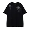 Ropa para Hombre Ins Retro Americano Camiseta Negra de Manga Corta con Hombro Caído, Estampado de Caballo en Racimo y Diseño de Letras, Peso Pesado Holgada Estilo High Street