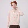 Cardigã de tricô redondo amarelo para mulheres, estilo doce de outono para meninas, modelagem solta com acabamento em renda e laço, casaco suéter de manga longa