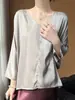 Top de Satén Suave y Fluido con Siete Mangas, Refrescante y Crujiente, de Cuello en V, Corte Básico Adelgazante, Estilo Perezoso Diario para Primavera-Verano