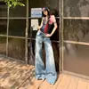 |Novo Produto Xsd!Verão 2026| Calça Reta de Perna Larga, Comprimento no Chão, Flare, Design Azul Lavado Vintage