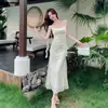 Vestido de Malla con Parches y Tirantes Estilo Elegante y Suave de Verano Nuevo Diseño de Nicho Ajustado Largo con Lazos para Mujer